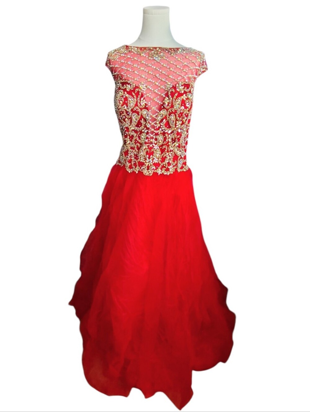 Milano Indian Ruby Red Crystal Jewel Sequined Backless Tulled Prom Dress Size 24